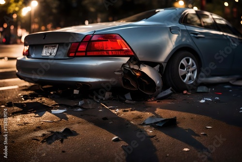 A detailed image of a car's dented bumper and broken taillight, with scattered debris on the road illuminated by streetlights at dusk.