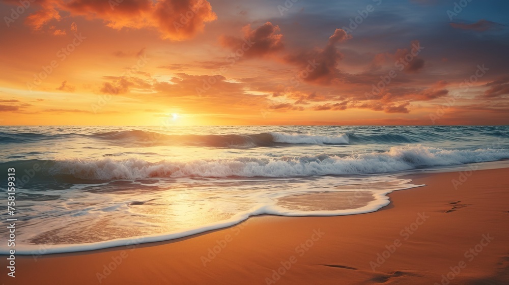 Fototapeta premium Golden Sunset Over Tranquil Beach with Ocean Waves & Footprints – Peaceful Seaside Landscape
