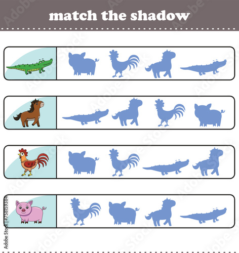 Find the correct shadow. Worksheet with cute wild animals. Education game for children.