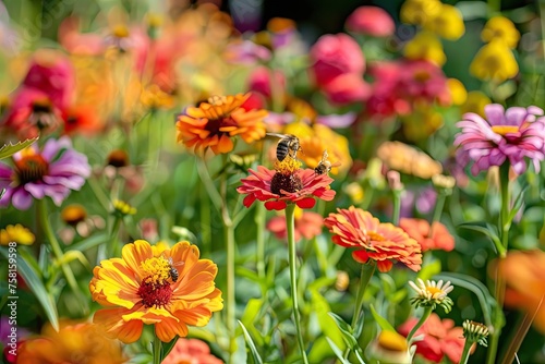 Bees pollinating flowers in a lush pesticide-free garden