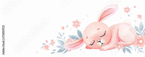 Cute pink easter bunny rabbit sleeping in flower garden pink background hand painted painting copy space illustration