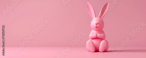 Cute pink easter bunny rabbit pink background 3d render sculpture figurine toy copy space illustration