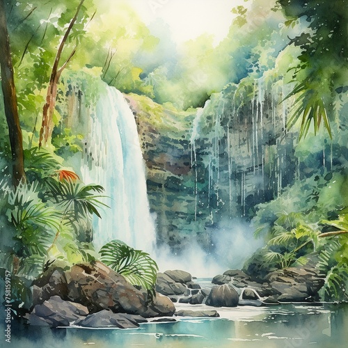 The majesty of a waterfall in a tropical rainforest