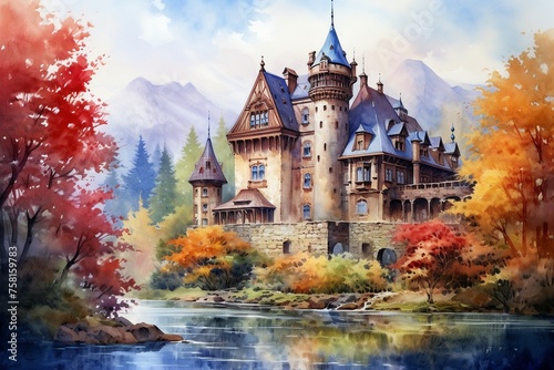 A picturesque castle surrounded by the watercolor hues of fall photo
