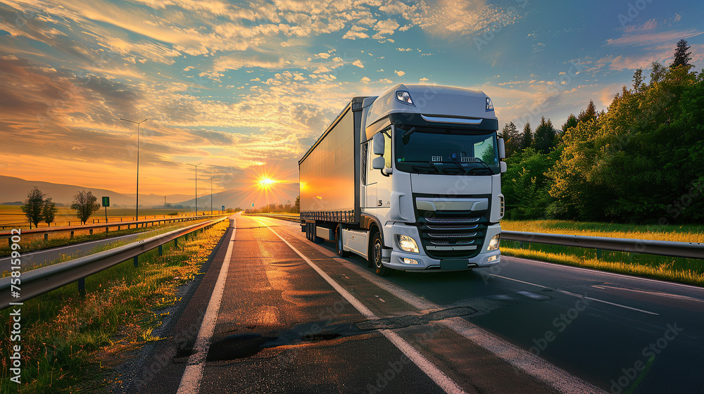 Truck driving on the asphalt road on highway at golden hour Truck driving on the asphalt road on highway at golden hour