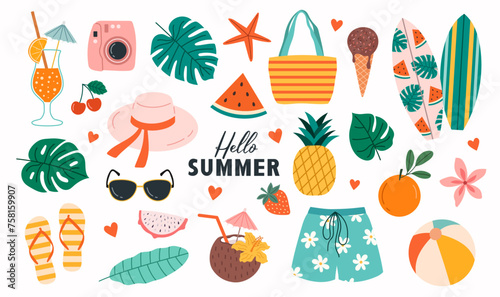 Set of summer beach stickers. Tropical elements