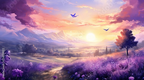 Sunrise paints the lavender fields in soft hues photo