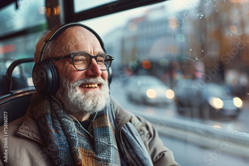 Old man with a relaxed smile, listening to music or a podcast through his headphones as he enjoys the scenic views from the window of the bus