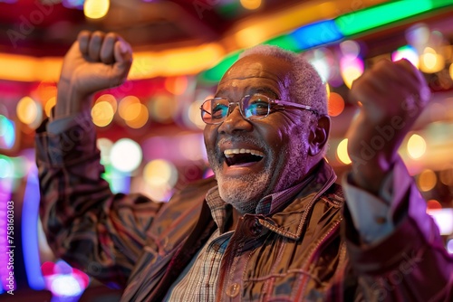 Black man with a radiant grin, raising his hands in triumph as he hits the jackpot at the onboard casino during his birthday cruise