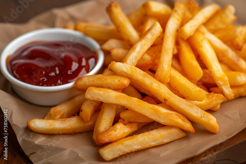 french fries with ketchup on wodden plate