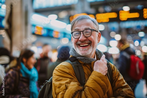 A senior man with a jubilant smile, reuniting with friends or family at the train station before departing on his vacation, the joy of the occasion evident in the warm embraces and excited chatter photo