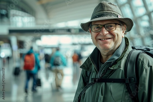 Senior man with a nostalgic smile, reminiscing about past travel adventures as he wanders through the airport terminal, the sights and sounds triggering fond memories of journeys gone by photo