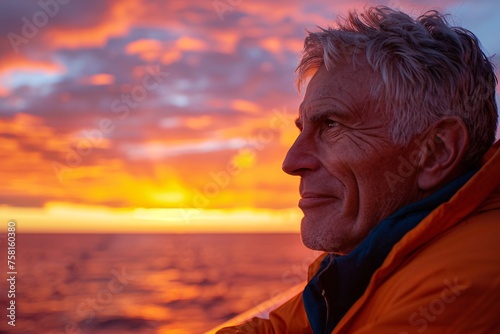 An adult man with a jubilant expression, admiring the breathtaking sunset from the deck of a cruise ship, the fiery colors of the sky mirrored in his eyes as he captures the beauty of the moment © Maelgoa