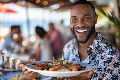 Black man with a delighted expression  immersing himself in the vibrant culture and local cuisine during a culinary tour at a port of call