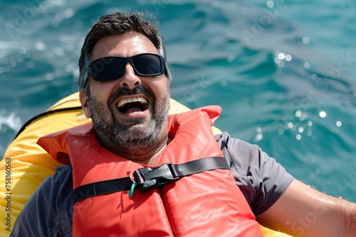 An adult man with a delighted expression, enjoying a thrilling water sports activity © Maelgoa