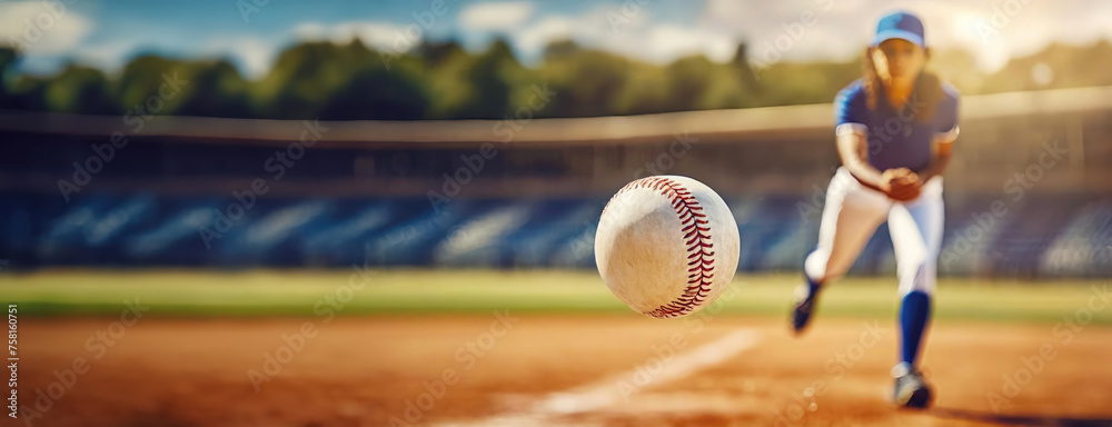 Pitcher in motion, baseball in flight towards the batter. The focus is on the ball, anticipation high. The pitcher's throw captured in a moment of high concentration. Panorama with copy space.