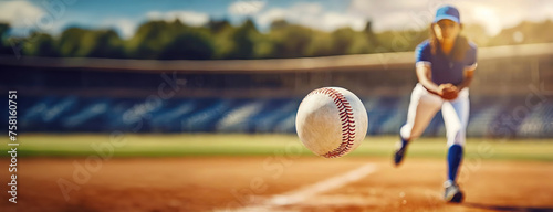 Obraz na płótnie Pitcher in motion, baseball in flight towards the batter. The focus is on the ball, anticipation high. The pitcher's throw captured in a moment of high concentration. Panorama with copy space. w salonie