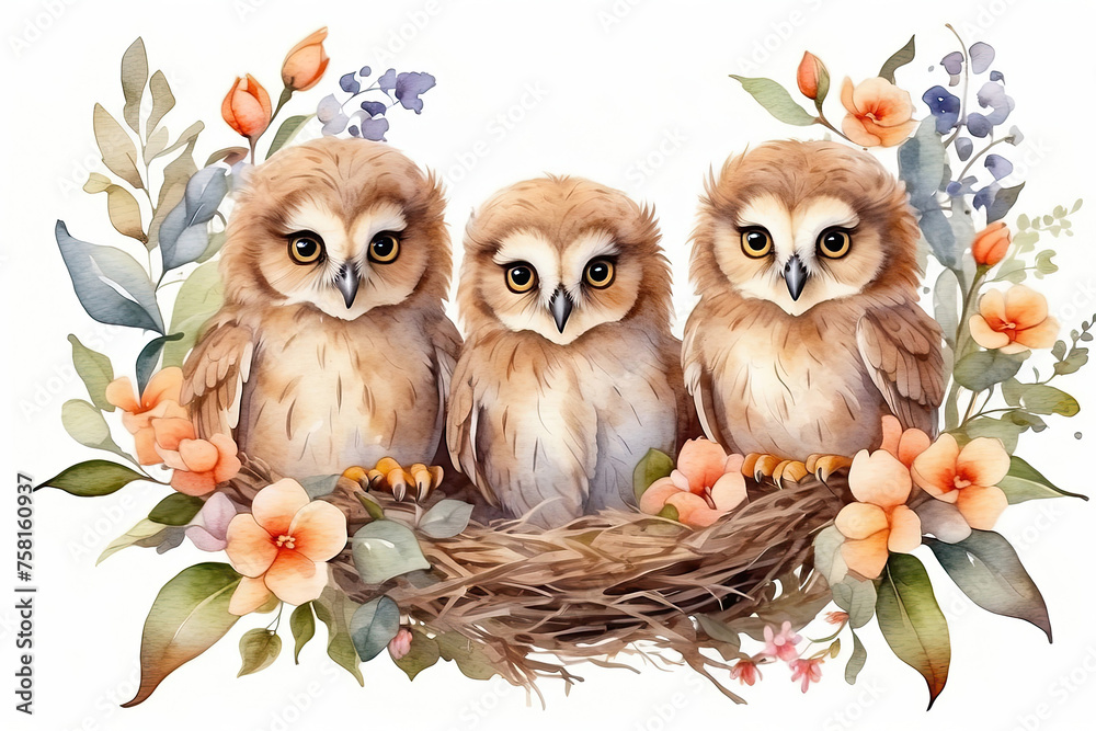 Obraz premium Cute watercolor owl family with chicks in a spring blooming nest of twigs and flowers on a white background. Spring card, spring time. 