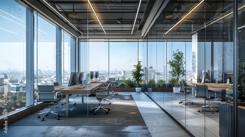 Modern Office Interior with City View A Sleek  Intelligent Corporate Space Overlooking a Vibrant Metropolis