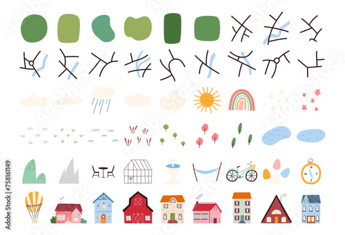Spring map creator elements set, cartoon flat vector illustration isolated on white background. Map shapes, roads and rivers, houses, weather elements, grass and trees air balloon, bike and fountain.