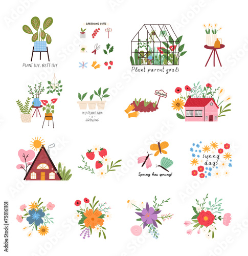 Set of cute spring compositions in cartoon flat style, vector illustration isolated on white background. Hand drawn spring prints - houseplants, greenhouse, houses, flower bouquets.