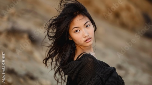 Beautiful Asian Woman her hair is tousled and wild with playful expression wear black fabric cloth standing against natural rugged landscape created with Generative AI Technology