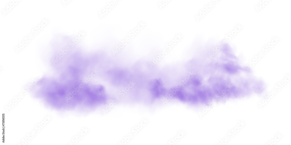 Purple smog clouds on floor. Fog or smoke. Isolated transparent special effect. Morning fog over land or water surface. Magic haze. PNG.

