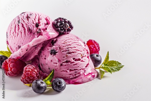 Ice cream scoops with berries and mint on white background. Blueberries  raspberries  mint leaves. Summer lifestyle concept. Design for banner  advertising  backdrop  menu 