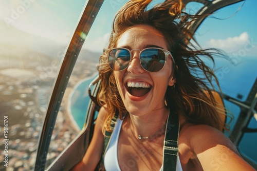 Woman with an exuberant grin, embarking on a thrilling helicopter tour during a port stop on her cruise vacation © Maelgoa