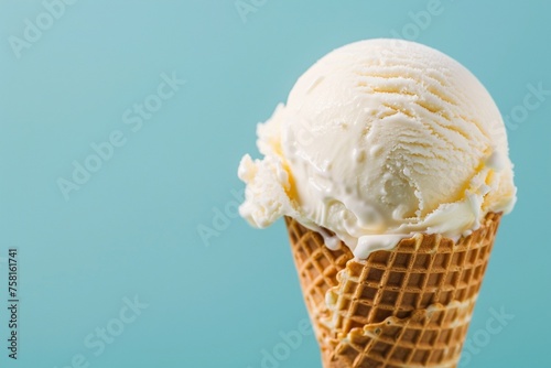 Vanilla ice cream scoop in waffle cone isolated on blue background. Summer lifestyle concept. Design for banner, advertising, menu with copy space