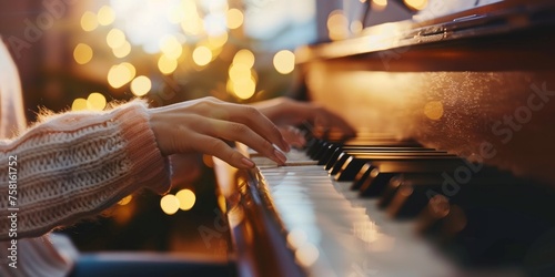 Caucasian woman elegantly presses piano keys. Girl's hands playing piano at home.