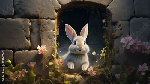 Detailed image of a fluffy rabbit emerging from a torn opening in a moss-covered stone wall, set against a backdrop of vibrant spring colors. 