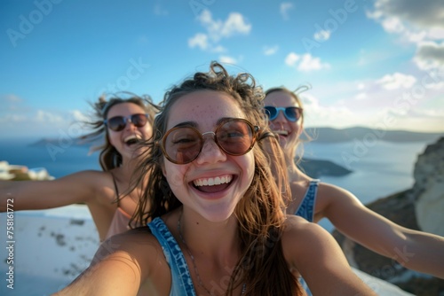 Young woman with an exuberant expression, posing for a selfie or group photo with friends or family against a scenic backdrop
