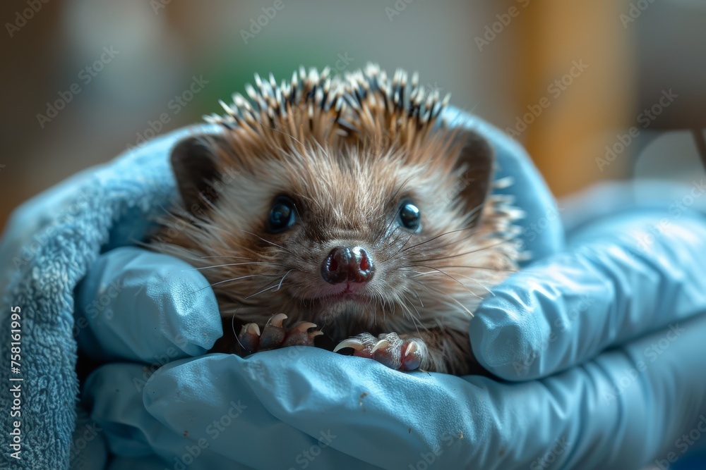 A realistic portrait of a hedgehog nurse with soft fur and gentle eyes, carefully bandaging a tiny paw. Focus on realistic textures and soft lighting. A realistic portrait of a hedgehog nurse with soft fur and gentle eyes, carefully bandaging a tiny paw. Focus on realistic textures and soft lighting.
