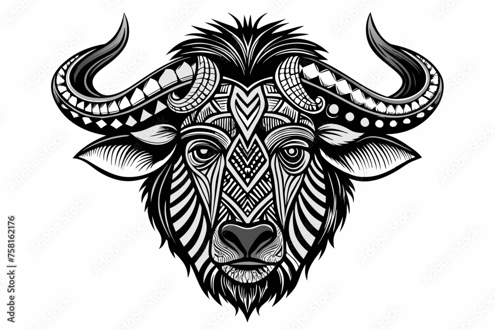 the head of wildebeest decorated with African ornaments, thick black outline, correct finished lines, perfect detailed pattern and ideal composition, octane rendering,  white background