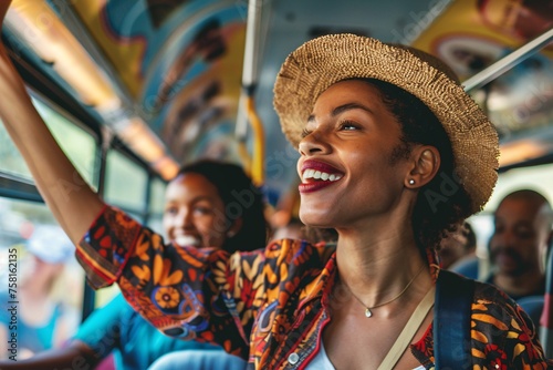 Black woman with an enthusiastic expression pointing out landmarks to her travel companions as they ride the bus together, excitedly discussing the adventures that await them