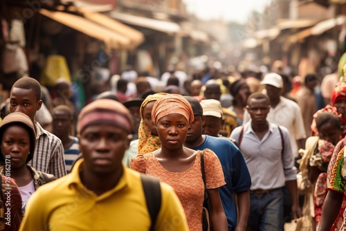 Crowd of people walking on city street in Africa