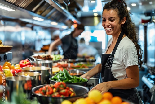 A woman with a radiant grin, taking part in a lively onboard cooking class, as she learns to prepare gourmet dishes under the guidance of expert chefs © Maelgoa