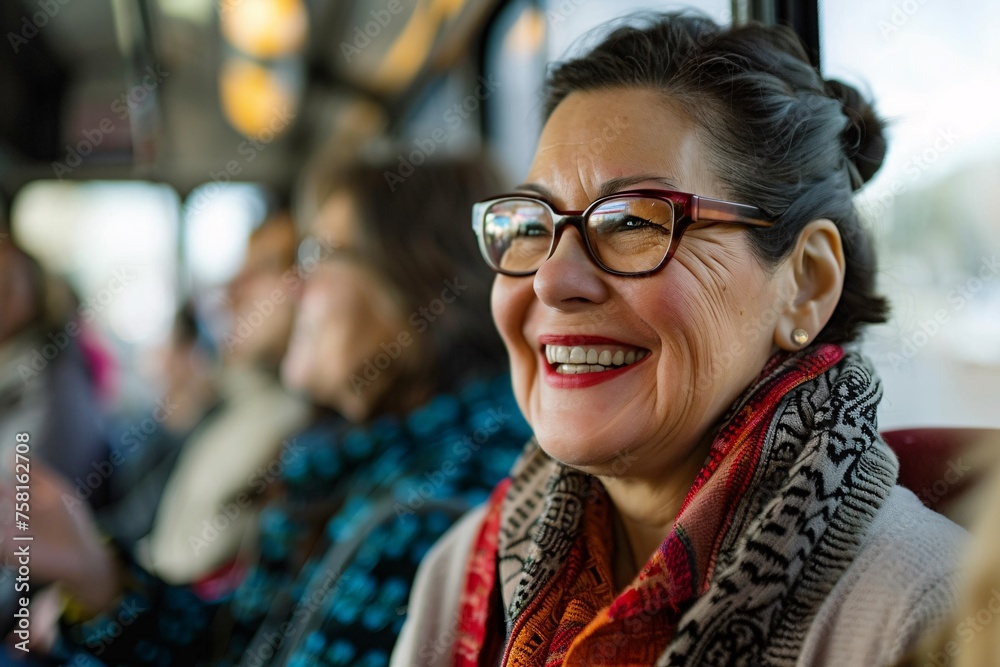 Senior woman with a joyful smile, chatting with fellow passengers on the bus as they share stories and laughter, creating connections and camaraderie on their shared vacation journey Senior woman with a joyful smile, chatting with fellow passengers on the bus as they share stories and laughter, creating connections and camaraderie on their shared vacation journey