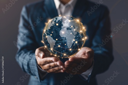 Businessman holding global structure networking and data exchanges customer connection. Customer relationship management. Client service, digital marketing and social network. AI Generated