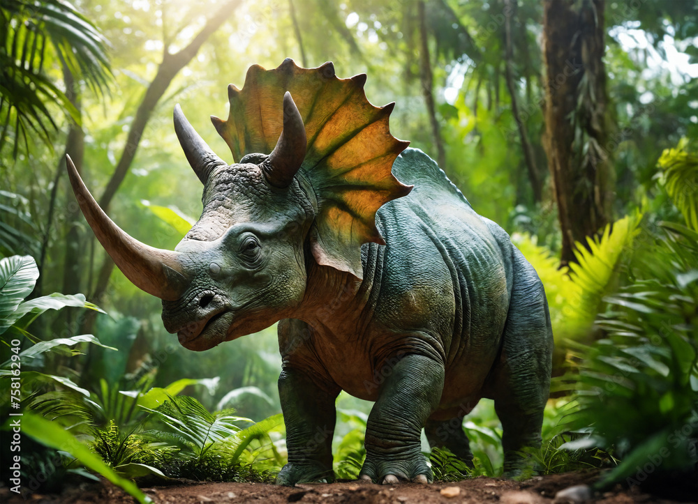 Fototapeta premium Prehistoric dinosaur in vibrant jungle environment