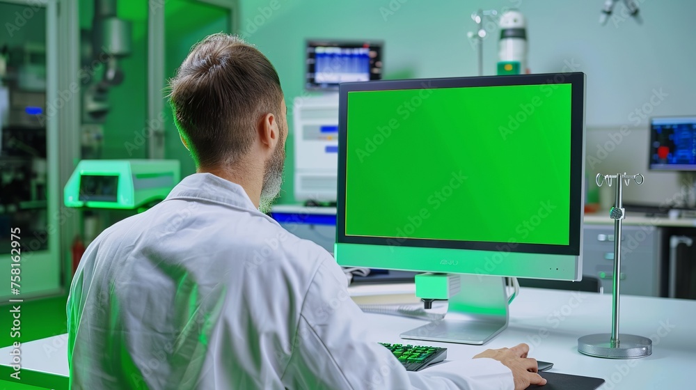 An engineer is looking at the green screen of asus desktop An engineer is looking at the green screen of asus desktop