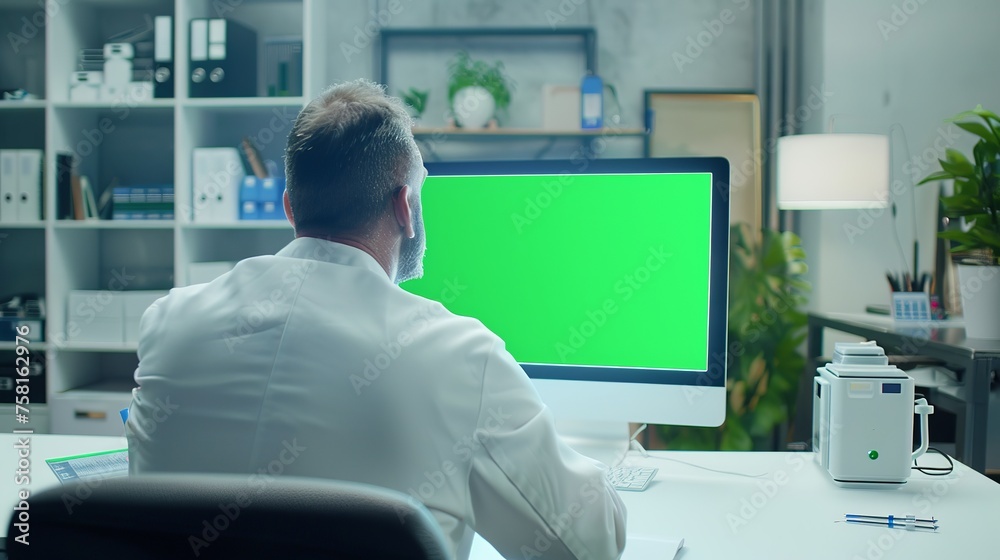An engineer is looking at the green screen of asus desktop  