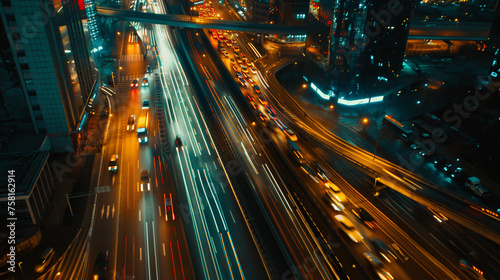 Aerial view of Road Traffic on multiple lane highway with speed light trail from car background, Expressway road in metropolis city center at night 