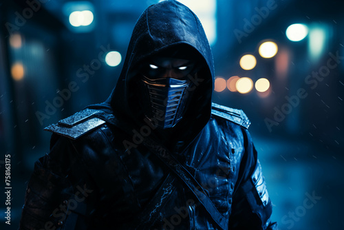  blue samurai ninja, deadly warrior in the shadows, terrifying assassin.