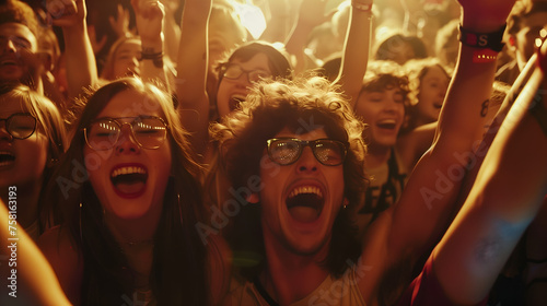 Front row of a concert with a group of excited music fans looking into the camera, singing and dancing