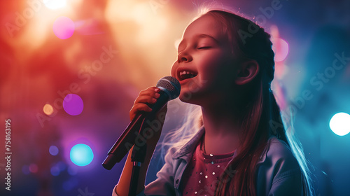 Young girl at a talent show singing with a microphone photo