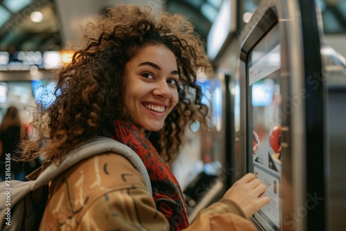 A woman with a joyful grin, purchasing her train ticket at the station counter, her eyes sparkling with excitement as she imagines the sights and experiences that await her at her vacation destination