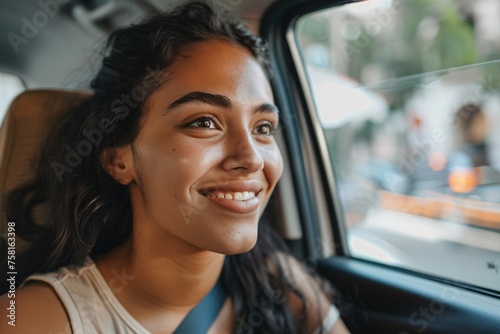 Young woman sitting comfortably in the back of a taxi, her gaze fixed on the scenic views passing by outside the window, as she makes her way to the beach for a relaxing vacation