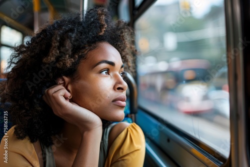 Black woman with a contemplative gaze staring out the window of the bus, lost in thought as she reflects on past travels and looks forward to the adventures that lie ahead © Maelgoa